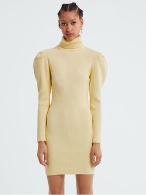ZARA Turtleneck Puff-Sleeve Knit Dress in Pale Yellow